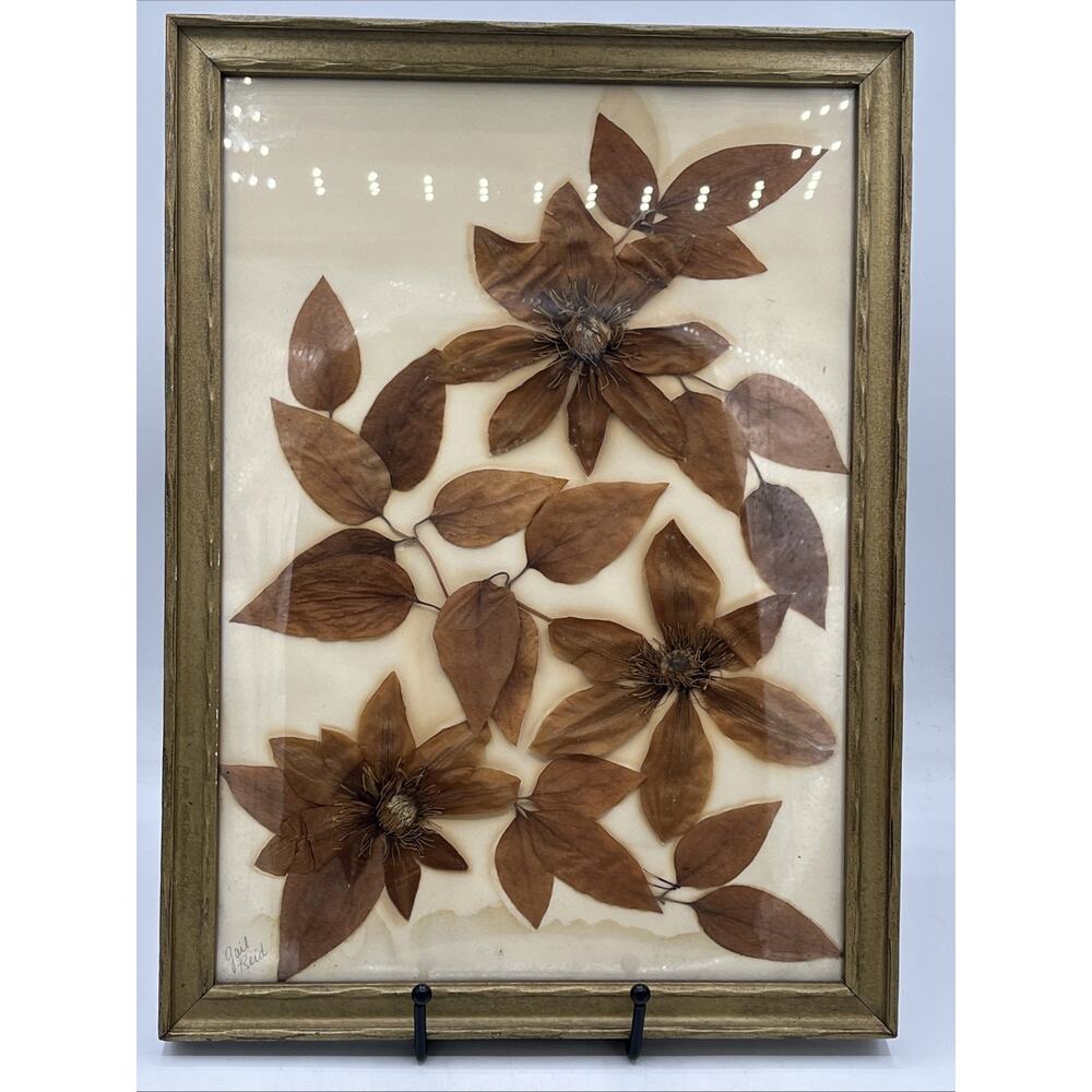 Vintage Handmade Oshibana pressed flower art Signed Gail Reid Retro 70s 14x10”